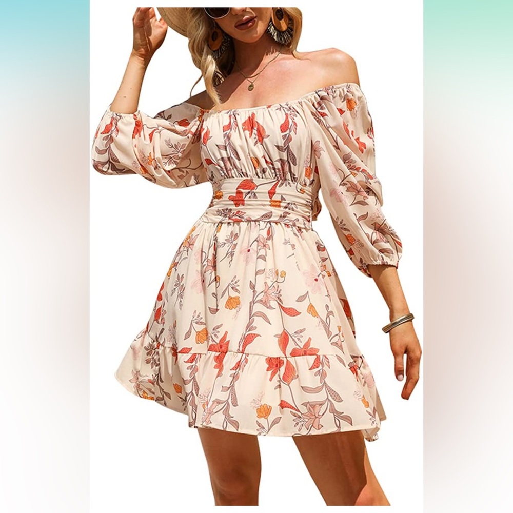 NWOT Lantern Sleeve Tie Back Casual Dresses Ruffled Off Shoulder A-Line Mini